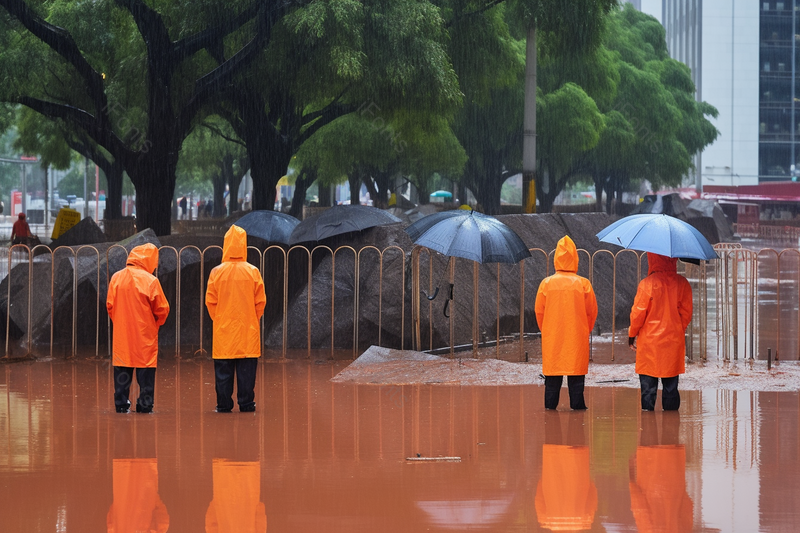穿橙色雨衣打着伞的洪水抢险救灾的工作人员,高清,摄影图,摄影图片,图片大全,摄影图免费下载